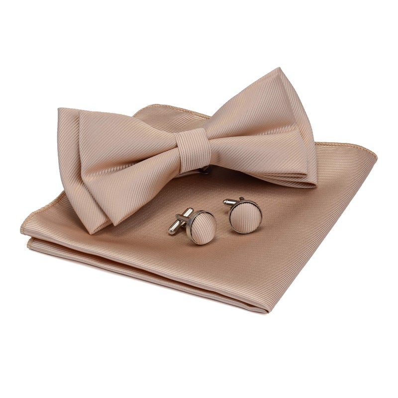 GUSLESON Champagne Bow Tie and Pocket Square Cufflink Sets Mnes Wedding Double Fold Pre-tied Bow Ties (0577-10) - Image 1